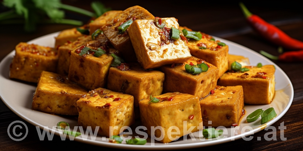 Fleischersatzprodukte - marinierter Tofu mit Garnierung auf einem Teller