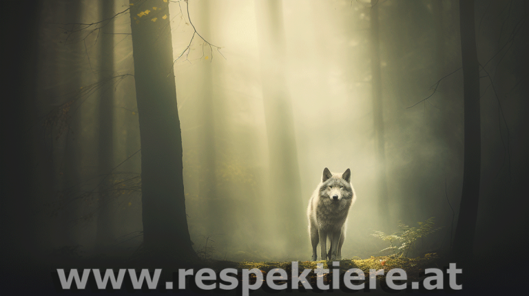 Ein hellgrauer Wolf in einem Wald mit sanftem Licht